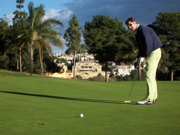 A golf course with a putting green, a golf ball, and a golfer in mid-swing.