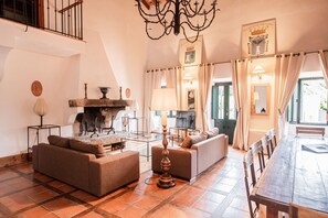 TV, caminetto, libri