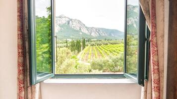 Une chambre dotée d’une grande fenêtre, de rideaux, d’un lit et offrant une vue sur un vignoble et des montagnes.