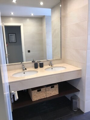 Combined shower/tub, hair dryer, bidet, towels