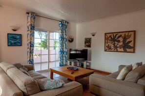 Televisor, llar de foc, reproductor de DVD i futbolí 