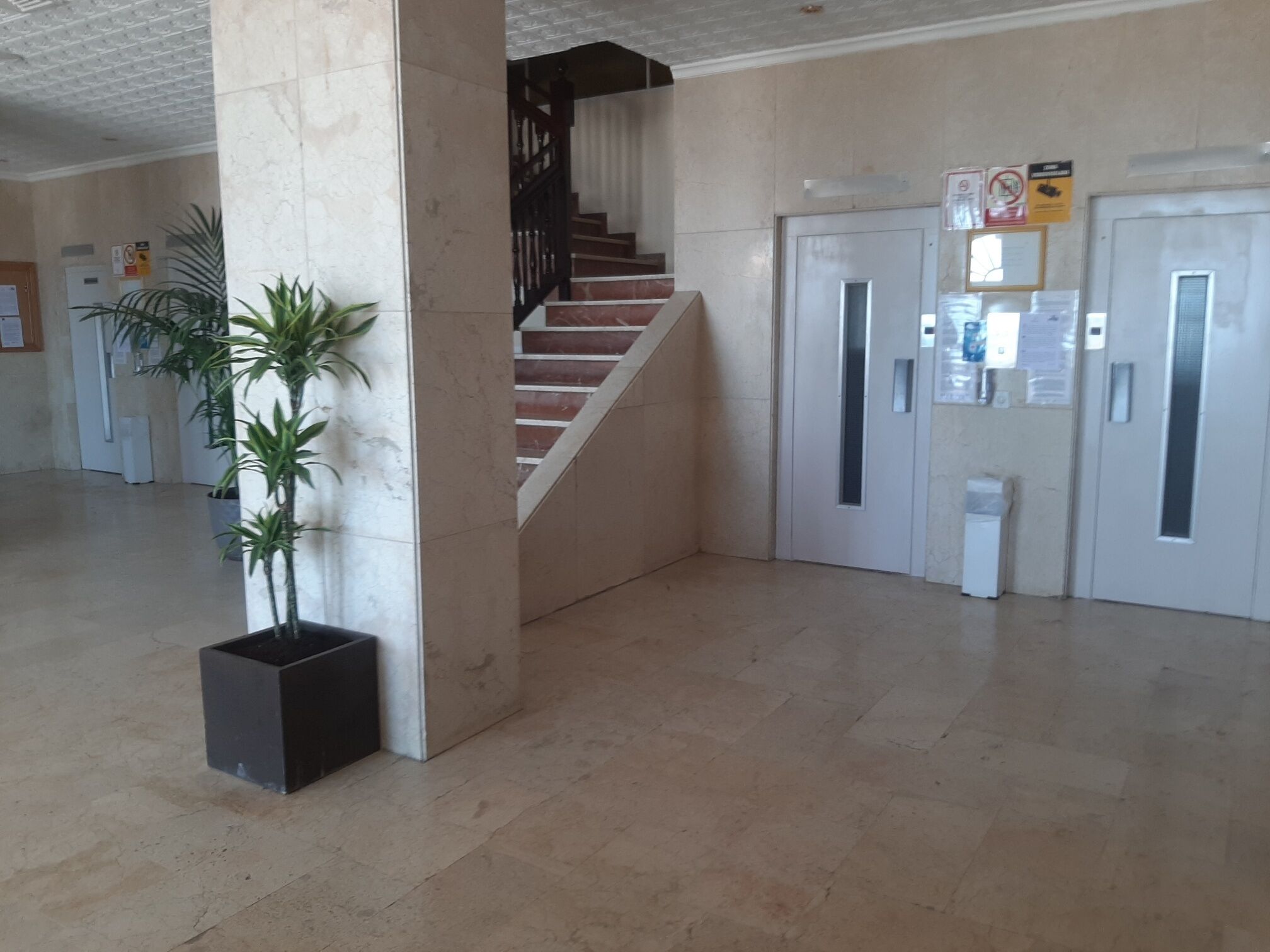 Un vestíbulo espacioso con suelo de mármol, una escalera y una planta en maceta.