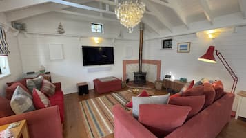 Télévision, lecteur de DVD, table de tennis de table, livres