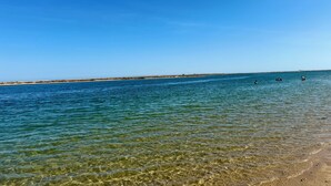 Vista despejada de una playa con aguas tranquilas y una costa distante.