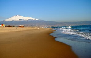 A beach with a snow-capped mountain in the background.