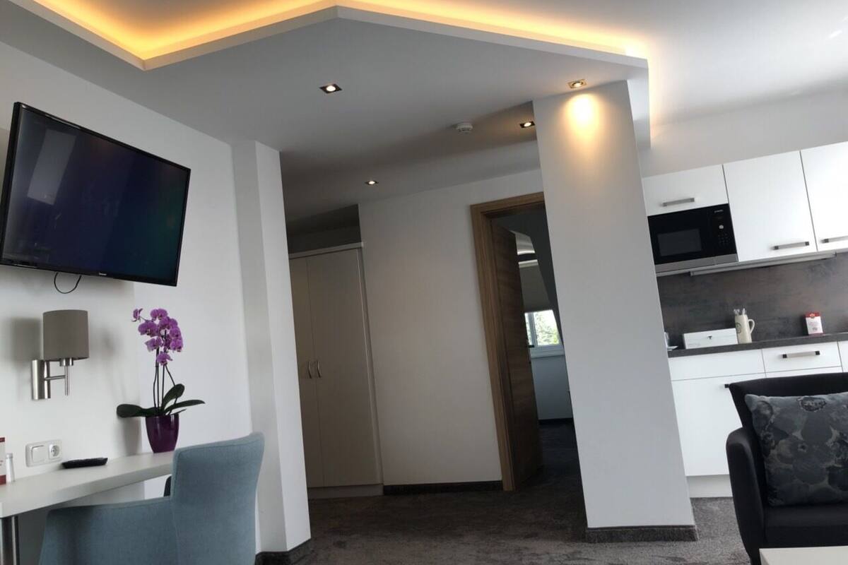 deluxe suite | living area | flat-screen tv