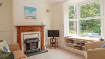 Smart TV, fireplace, DVD player, books