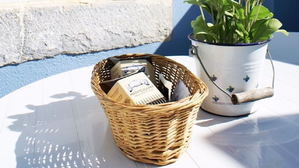 A wicker basket and a potted plant with pink flowers on a white tiled floor next to a window with a blue wall. - Cozy Apartment in Anjos | Maria da Fonte | Terrace (Lisboa)