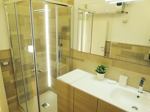 Shower, hair dryer, bidet, towels