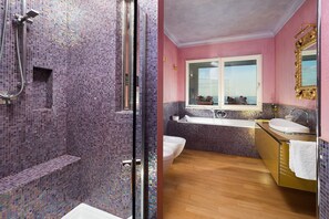 Bathtub, hair dryer, towels