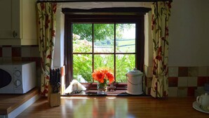 A kitchen with a window, a microwave, a vase with flowers, and a kettle. - Barley Cottage (Bideford)
