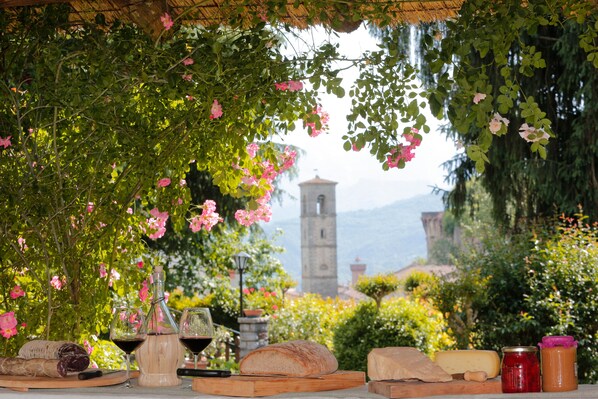 Outdoor dining - Villa & private pool in  village, restaurants, pizza oven, free organic produce (Castiglione di Garfagnana)