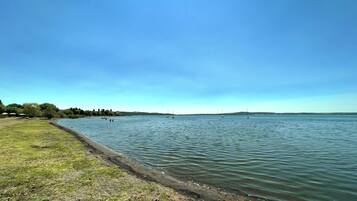Ein ruhiger See mit Uferwiese und blauem Himmel.