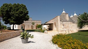 A courtyard with a stone wall, a cactus plant, and a building with a tiled roof and white conical structures.