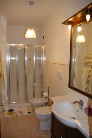Chuveiro/banheira combinados, secador de cabelo, bidê, toalhas de banho