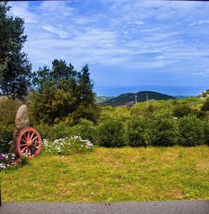 A grassy area with a red wheel, trees, and a distant hill. - Country holiday home - AGLIENTUHouse with garden (Aglientu)