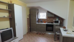 Una cucina compatta con forno a microonde, fornello e lavello. C'è una televisione su un mobile basso e una piccola mensola con oggetti decorativi.