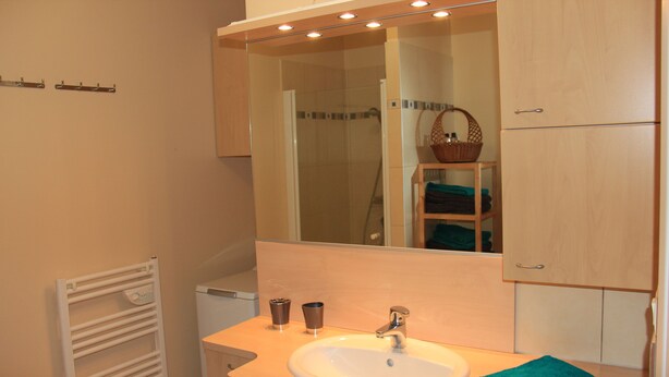 Un baño con un lavamanos blanco, un espejo, un perchero para toallas y un armario de madera.