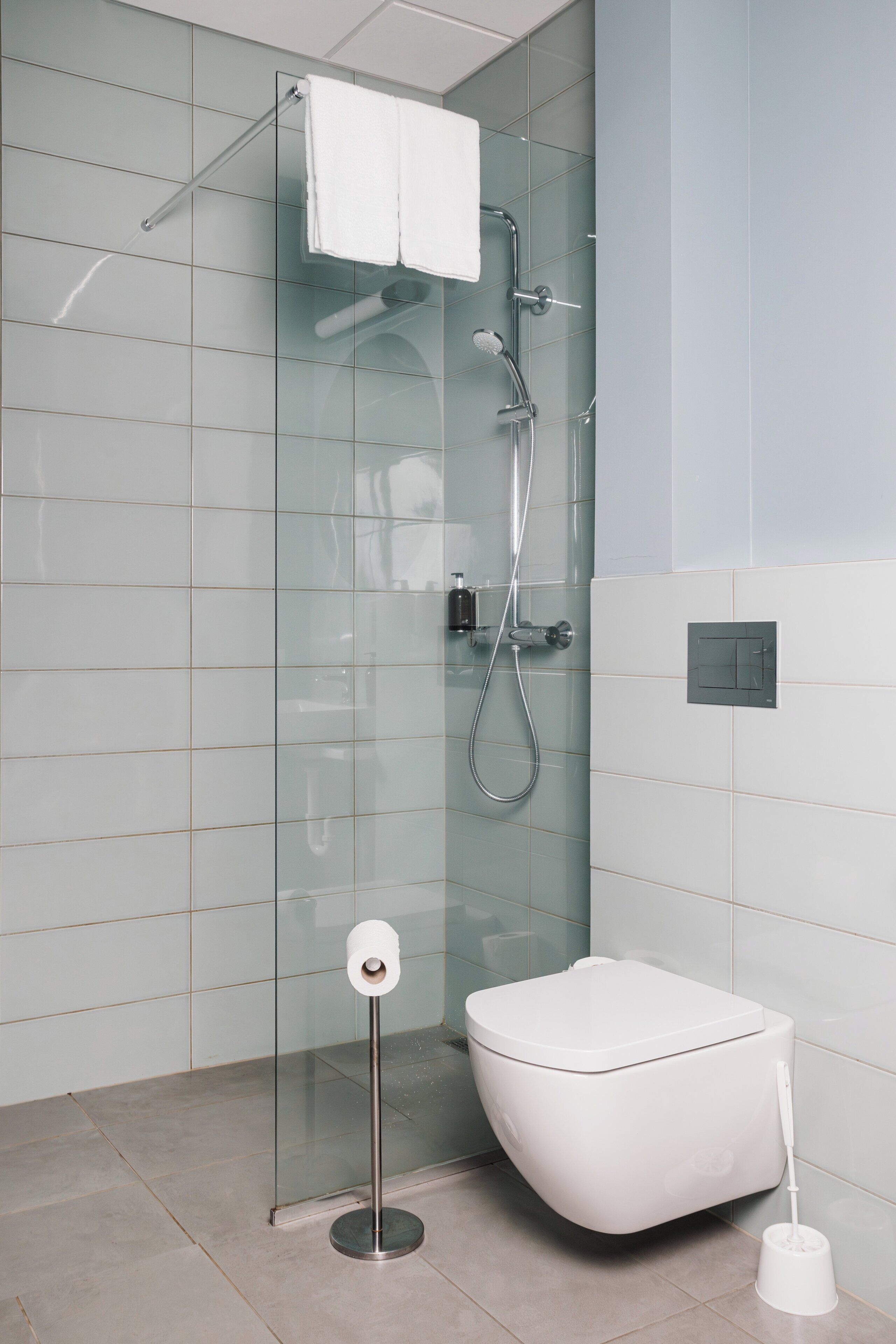 A modern bathroom with a glass shower enclosure, a white toilet, and a handheld showerhead.