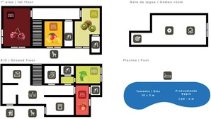 Een plattegrond van een hotel met een speelkamer, zwembad en voorzieningen op de begane grond, waaronder een keuken, eetruimte en een fitnessruimte.