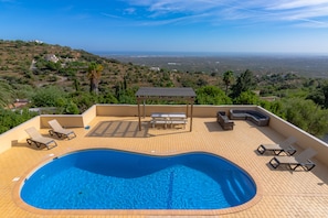 A rooftop pool with a view of the landscape.