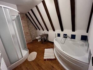 Combined shower/bathtub, hair dryer, towels, toilet paper