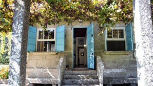 Un bâtiment en pierre avec des volets bleus, un escalier en pierre menant à une porte, et un jardin agrémenté de plantes et d’un arbre.
