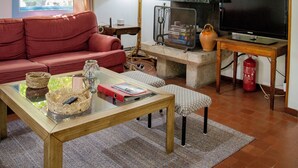 A living room with a red sofa, a glass coffee table, a television, and a fireplace.