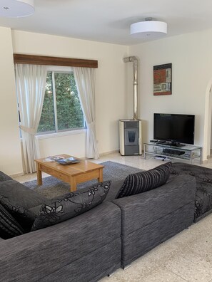 Fernseher, Kamin, Bücher, Stereoanlage