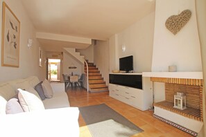 TV, fireplace, DVD player, books