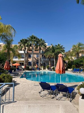 Zona de piscina con sillas de descanso y sombrillas, rodeada de palmeras y edificios con balcones.