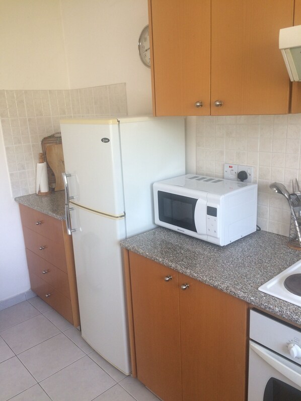 Una cocina compacta con un refrigerador blanco, un microondas y un lavaplatos.