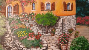 A building with a stone base and a yellow upper structure, featuring arched windows and a door. - Enchanting Country Villa in a Lush Valley with Animals, Pool, Outdoor Jacuzzi  (Rena Majore)