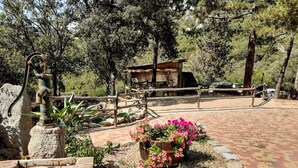 A rustic wooden cabin surrounded by a wooden fence, a stone well, and a flower bed with pink flowers. - Enchanting Country Villa in a Lush Valley with Animals, Pool, Outdoor Jacuzzi  (Rena Majore)