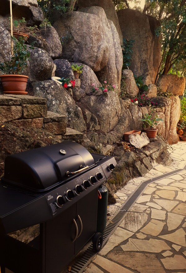 A barbecue grill in an outdoor setting with a stone wall and potted plants.