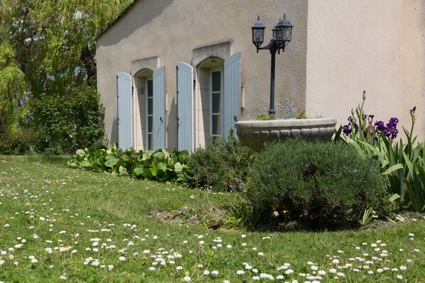 A building with a garden in front, featuring a stone planter, white flowers, and green foliage.