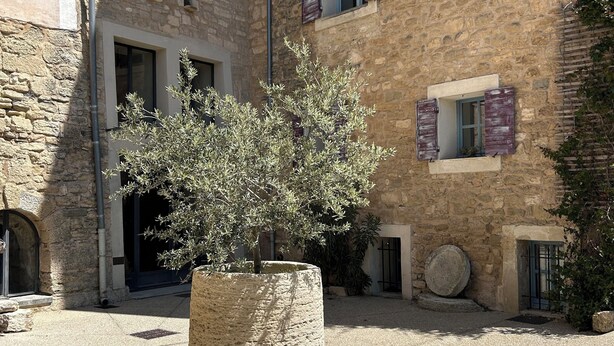 A courtyard with a stone planter, a building with stone walls and windows with shutters, and a paved ground. - ALL COMFORT, modern, NICE TERRACE, BEAUTIFUL VIEW of MONT VENTOUX (Bonnieux)