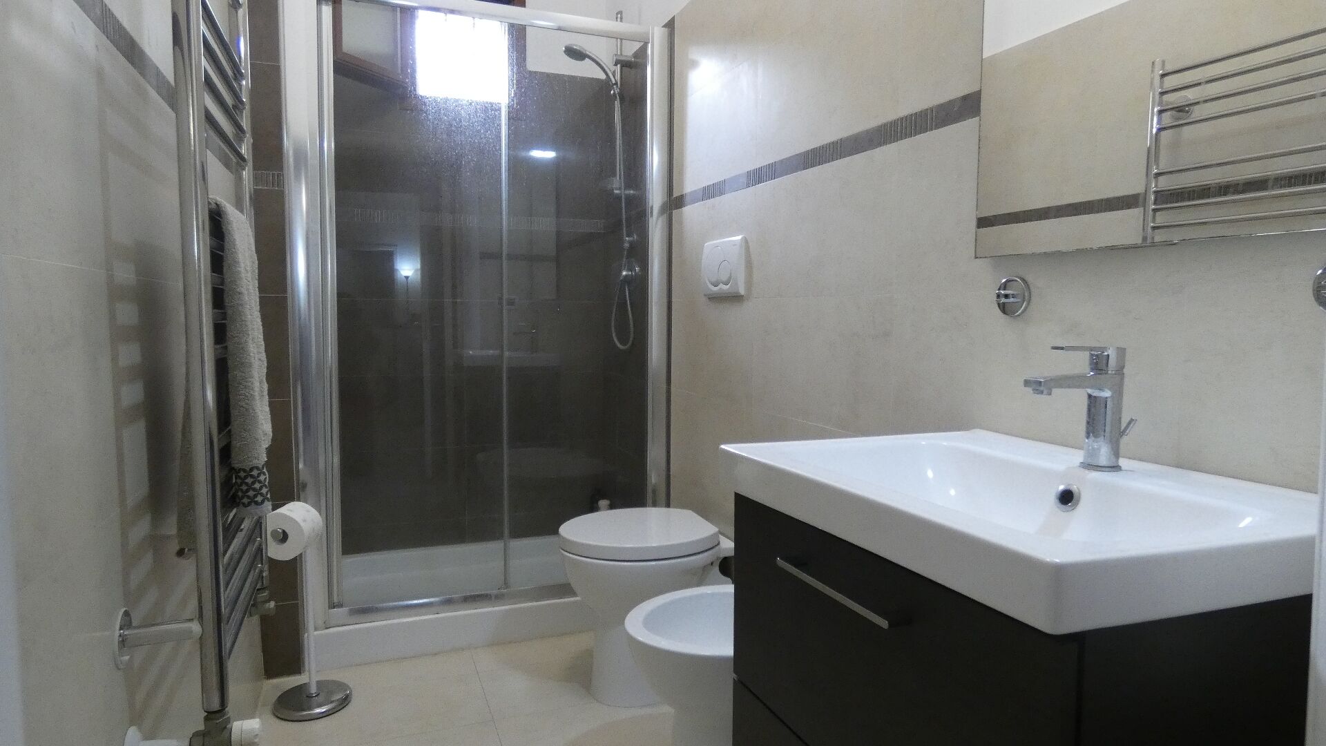 Combined shower/tub, hair dryer, bidet, towels