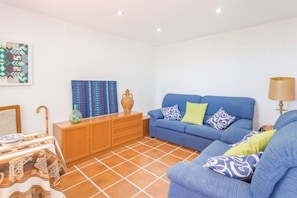 Una sala de estar con un sofá azul, un mueble de madera y una alfombra estampada.