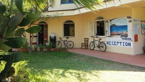 A building with a reception area, two bicycles parked outside, and a cactus plant in the foreground. - Happy Camp in Camping Iscrixedda (Lotzorai)