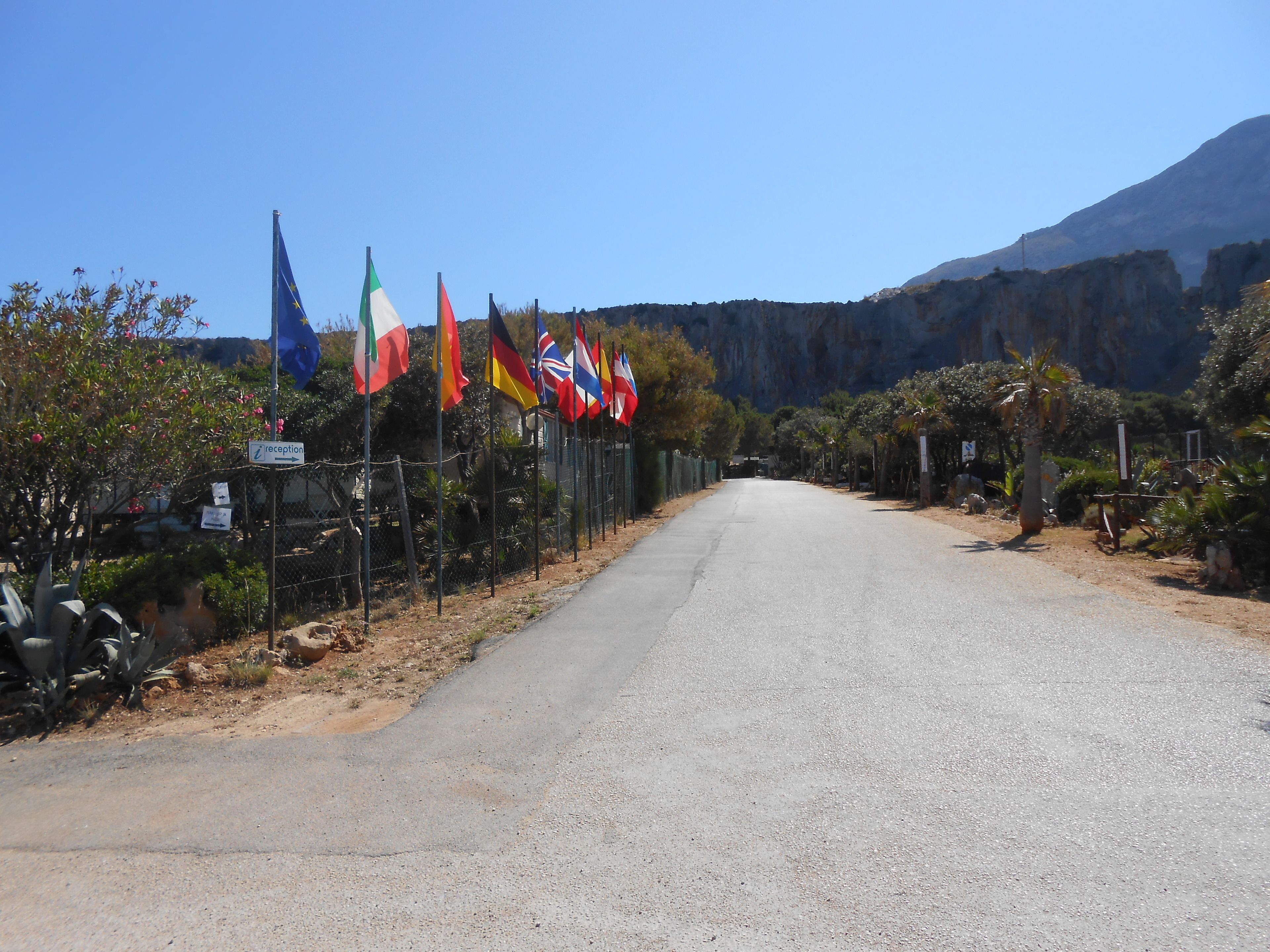 Una carretera bordeada por una hilera de banderas internacionales, que conduce hacia un telón de fondo montañoso.