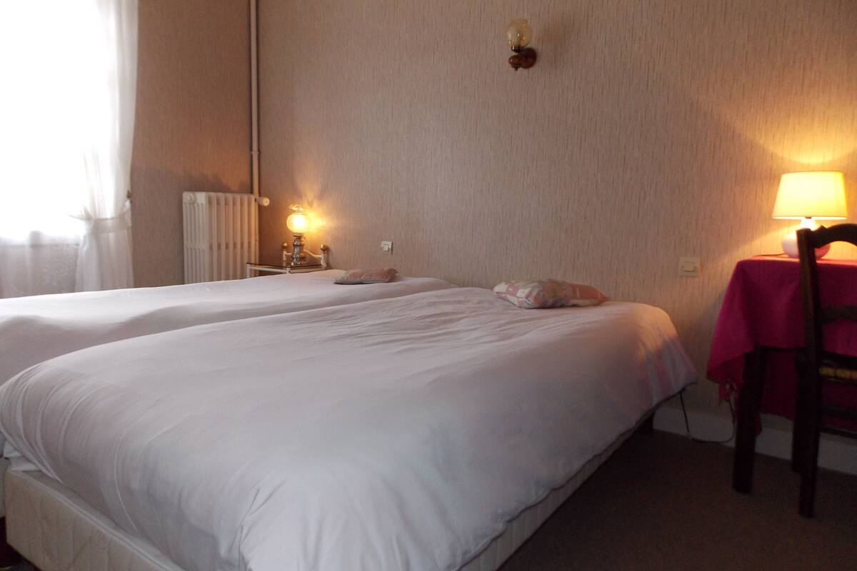Una habitación de hotel con dos camas, una mesa con lámpara y una silla.