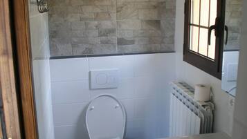 Combined shower/tub, bidet, towels, soap