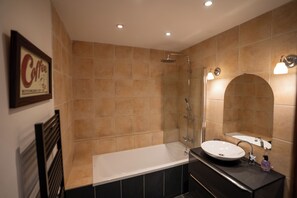 Combined shower/tub, hair dryer, towels, toilet paper