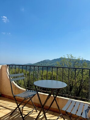 Outdoor dining - 🌟 Charming 4-Bedroom Villa with Heated Pool.  Beautiful views towards Cannes. (Les Adrets-de-l'Esterel)