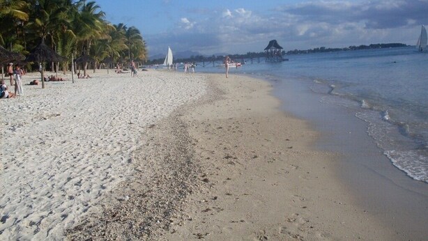 A beach with palm trees, a thatched-roof hut, and a sailboat in the distance. - Charming 3 bedroom villa with pool, only 4 minutes walk to amazing beach (Mont Choisy)