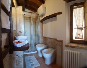 Combined shower/bathtub, hair dryer, bidet, towels