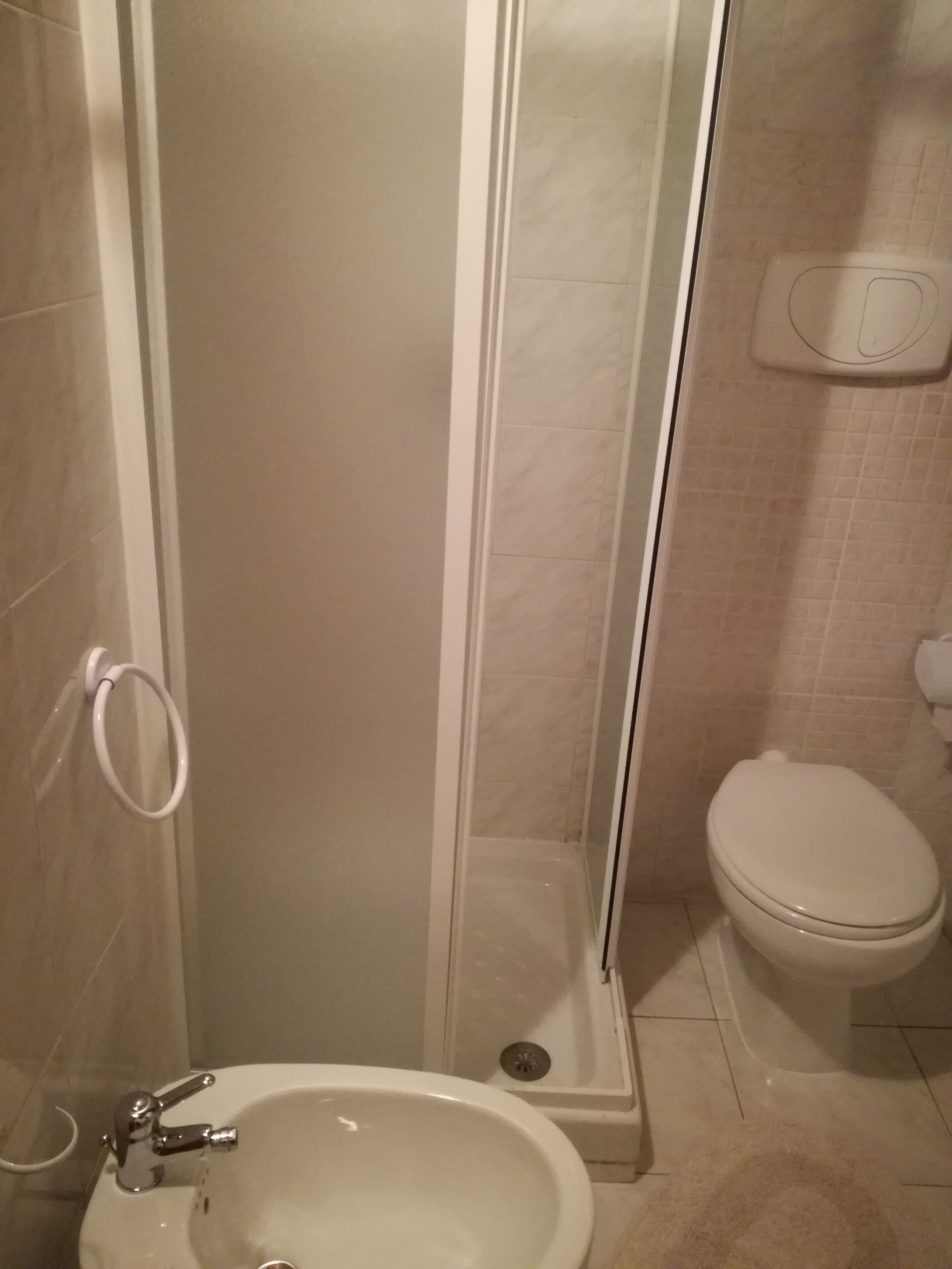 A bathroom with a shower, toilet, and sink.