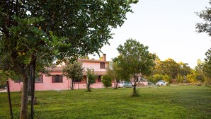 Una casa con facciata rosa, circondata da un prato verde e alberi.