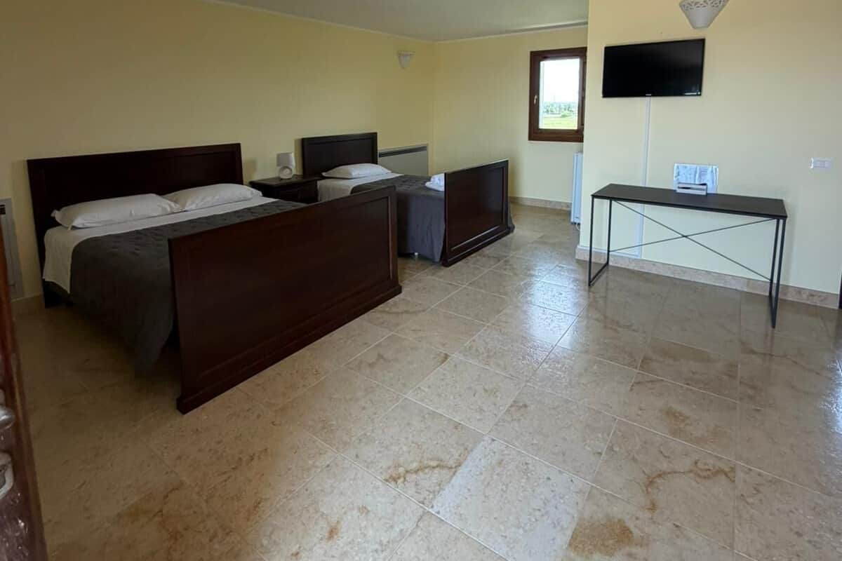 Un dormitorio con dos camas, un escritorio, un televisor y una ventana.